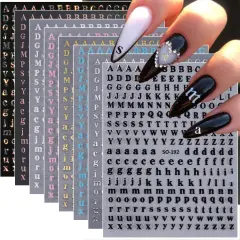 8 Sheets Letter Nail Stickers Gold Silver English