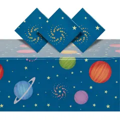 3 Pack Plastic Outer Space Tablecloths, Disposable Planets Table Covers for Galaxy Birthday Party Decorations (54 x 108 In) Blue