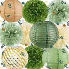 Sage Green Birthday Party Decorations Green Baby Shower Decor Olive Retro Beige Paper Lanterns Pom Poms Wedding Bridal Shower Hanging Paper Fans Birthday Ceiling Decorations for Classroom