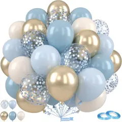 Dusty Blue and Gold Balloons, 12 Inch Blue Gold Balloons, Retro Fog Blue Metallic Golden White Confetti Balloons Latex Balloon for Wedding Baby Shower Gender Reveal Birthday Party Decoration