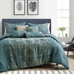 7 Piece Blue Queen Comforter Set with Damask Pattern