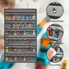 Toy Car Storage Organizer Hanging Toy Wheels Cars Holder Matchbox Cars Display Case with 42 Clear Pockets (One Side-Grey)