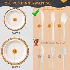250 Pieces Compostable Paper Plates Disposable Plates Heavy-Duty Paper Plates Biodegradable White Plates for Party Sugarcane Plates Cornstarch Forks Knives Spoons for 50 Guests