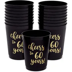 16 Pack Cheers to 60 Years Plastic Party Cups - 60th Birthday Decorations for Men and Women, Anniversaries (Black, 16 oz)