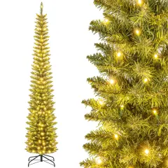 Costway 5/6/7/99 FT Pre-Lit Pencil Christmas Tree with 400 LED Lights & 699 Branch Tips Party