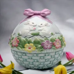 Ceramic Egg Shaped Cookie Jar with Bunny Rabbits and Flowers, Gift for Her, Gift for Mom, Kitchen D&eacute;cor, Spring D&eacute;cor, Easter D&eacute;cor
