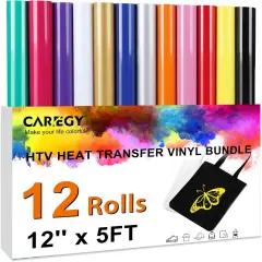 HTV Heat Transfer Vinyl Bundle -12 Pack 12'' x 5FT Heat Transfer Vinyl Rolls