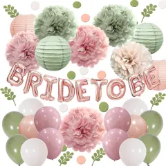 Bachelorette Decorations Pink Green- Bridal Shower Party Decor and Supplies Kit for Wedding With Foil Balloons Table Confetti Scatters Hanging Paper Lantern Tissue Flowers (Sage Green + Rose Pink)