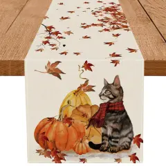 Fall Table Runner Pumpkins Cat Maple Leaf Autumn Harvest Seasonal Thanksgiving Decorations for Home Kitchen Dining Room Party Decor 13 x 60 Inch