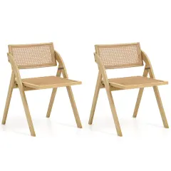 Costway Foldable Dining Chairs Set of 2/4 with Woven Rattan Backrest & Seat Rubber Wood Frame Natural