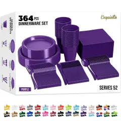 Exquisite 350 Pcs Plastic Plates for Party &ndash; Disposable Plates Set &ndash; 50 Each of 9" Dinner Plates, 7" Dessert Plates, Plastic Cups, Napkins & Plastic Cutlery &ndash; Plastic Dinnerware by Party Solids Purple
