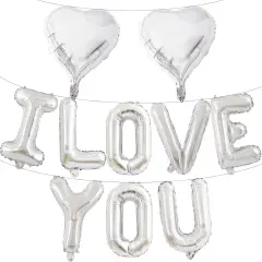 16 Inches Silver 'I LOVE YOU' Balloons Banner - Mylar Letter Balloons with 2 Heart Shaped Foil Balloons for Romantic Decorations, Anniversaries, Engagements, Proposals, and Valentine's Day Decor