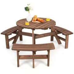 Round 6 Person Fir Wood Outdoor Picnic Table with Umbrella Hole for Patio Dining Bench