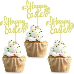 24 Pack Happy Easter Cupcake Toppers for Spring Party Decorations Cake Picks Cake Food Decor Appetizers Toothpicks Party Supplies Gold