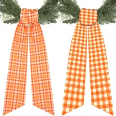 Fall Wreath Sash for Front Door - 2 Pcs Buffalo Check Orange Sashes for Wreaths Farmhouse Home Decor, 60 Inch Plaid Autumn Wreath Sashes for Embroidery DIY Bow Thanksgiving Halloween