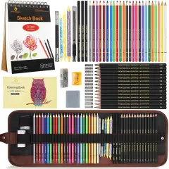 Sketch & Drawing Art Pencil Kit 52 Piece Set, 24 Color Pencil for Coloring Books, Pencil of Graphite & charcoal, 3-color Sketchbook, coloring book Etc, Art Supply Ideal for Adult Student Beginner Teen