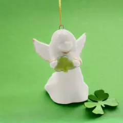 Ceramic Angel Holding Shamrock Ornament, Christmas D&eacute;cor, Gift for Her, Gift for Mom, Irish Saint Patrick&rsquo;s Day D&eacute;cor