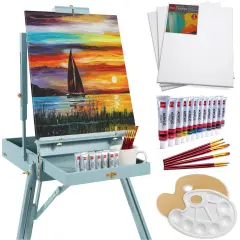 Best Choice Products French Easel, 32pc Beginners Kit Portable Wooden Adjustable Tripodw/ Paint Supplies Blue
