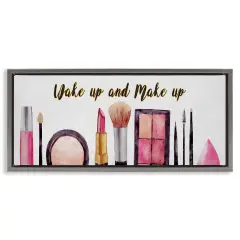 Stupell Industries Wake Up Make Up Watercolor Framed Floater Canvas Wall Art Gray Floater Frame