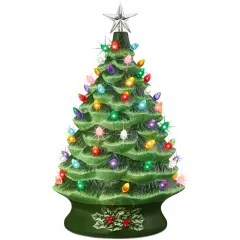 Best Choice Products 24in X-Large Pre-Lit Ceramic Christmas Tree Decor w/ 74 Bulbs, LED Light Green
