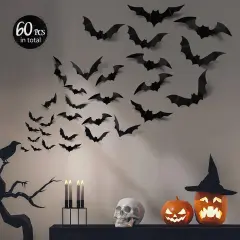 60 Pieces Halloween 3D Bats Decoration, 4 Sizes Realistic PVC Scary Bats Window Decal Wall Stickers for DIY Home Bathroom Indoor Hallowmas Decoration Party Supplies