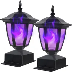2 Pack - Solar Flame Post Cap Lights Outdoor, Halloween Flickering Purple Flame