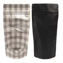 Black Kraft Stand Up Zipper Pouch w/ White & Black Plaid 5 1/8" x 3 1/8" x 8 1/8" 25 pack ZBGSW3BP