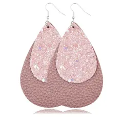 Two-Layer Teardrop Leather Earrings Women Boho Drop Dangle Hook Jewelry Pink 3