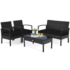 4 Pieces Patio Rattan Cushioned Furniture Set-Black