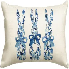 Easter Blue and White Porcelain Color Bunny Throw Pillow Cover, 12 x 20 Inch Flowers Cushion Case Decoration for Sofa Couch