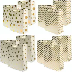 12PCS Metallic Gold Christmas Gift Bags Bulk with Handle, Large 12.5 x10 Inch, Assorted Modern Geometric Paper Gift Wrap Bags