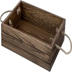 Rustic Brown Wood Decorative Storage Organizer Bin with Rope Handles, Open Top Small Crate Box for Bathroom Accessories, Books, Crafts, Fruits
