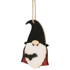 Halloween Wooden Vampire Gnome Ornament with Dimensional Bat and Natural Jute Rope Hanger