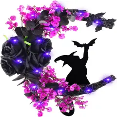 Halloween Wreaths Moon Black Cat Wreath for Front Door with Bat, Rose Flower, 14 Inch