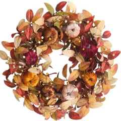 24 Inch Fall Velvet Pumpkin Wreath with Berries for Front Door