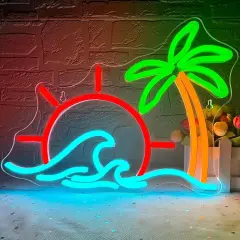 Summer Sunrise Sunset Neon Sign &ndash; Coconut Tree & Wave LED Light for Beach Home & Party Decor