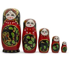 Set of 5 Red & Black Wooden Nesting Dolls Matryoshka 6.5 Inches