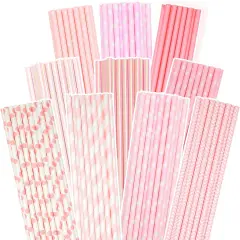 Pink Paper Straws 150pcs Disposable Straws Bulk (10 Pattern)