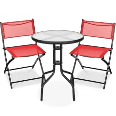Best Choice Products 3-Piece Patio Bistro Dining Furniture Set w/ Round Textured Glass Tabletop, Folding Chairs Red