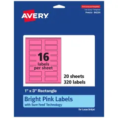 Avery Bright Pink Paper Labels, 1" x 3" Rectangle
