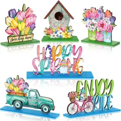 Spring Table Decorations, 6 Pcs Wooden Flower Signs, Rustic Freestanding Tabletop for Party Restaurant Decor (Spring, 4.72 inches / 12 cm)