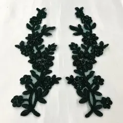 1 Pair Beaded & Corded Floral Lace Applique 10" x 2" Each Side Hunter Green