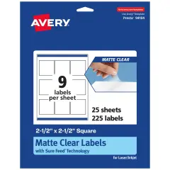 Avery Matte Clear Labels,2-1/2" x 2-1/2" Square