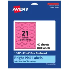 Avery Bright Pink Paper Labels, 1-1/8" x 2-1/4" Oval Scalloped