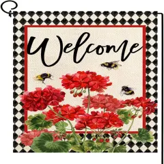 Summer Geranium Welcome Garden Flag Double Sided Summer Bee Red Floral Buffalo Plaid Small Burlap Yard Flag House Seasonal Farmhouse Outside Outdoor Decoration 12.5 x 18 Inch