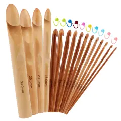 16 Pieces Wooden Crochet Hooks, 3 to 30 mm in Diameters Handle Crochet Hook Knitting Crochet Needles with 10 pcs Knitting Stitch Markers for Handcraft Crocheting