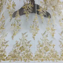1 Yard Beaded & Sequined Embroidered Lace Fabric on 100% Polyester Mesh, 52" Wide Gold