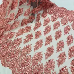 1 Yard Red Beaded Embroidered Lace Fabric on 100% Polyester Mesh, 50" Width Coral