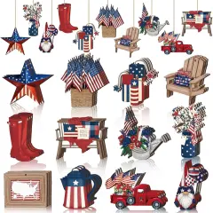 36 Pcs 4th of July Patriotic Ornaments for Tree Wooden Memorial Day Decorations Red White Blue Hanging Ornament