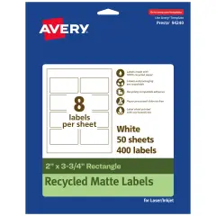 Avery Recycled Matte White Labels,2" x 3-3/4" Rectangle